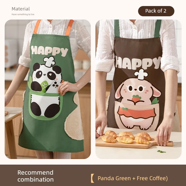 Su Geçirmez Mutfak Önlüğü - Panda Yeşil + Tavşan Kafe (2'li Paket)