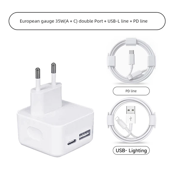 35W EU PD Hızlı Şarj Aleti - 35W A+C Çift Portlu + USB-L + PD Kablolar