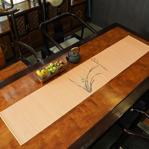 El Yapımı Bambu İpek Çay Matı - Orkide Desenli - 31x250cm