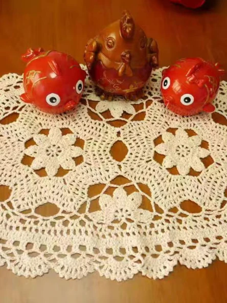 El Yapımı Tığ İşi Pamuklu Dantel Masa Örtüsü - Beyaz 30x60 cm
