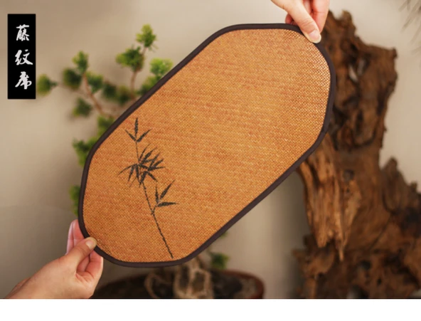 Rattan Çay Altlığı - Kare Serbest El Lotus Çiçeği Desenli - 9