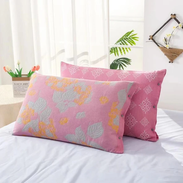 Pamuklu Yastık Kılıfı Çifti - 48x74cm - Pembe Chunxiao Desenli
