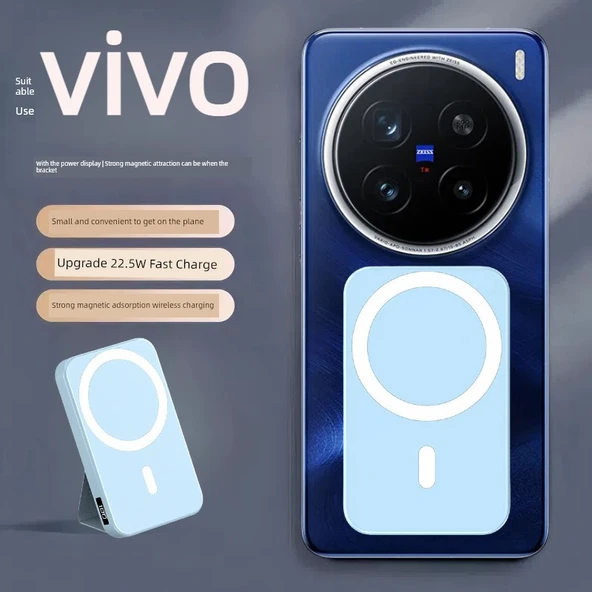Vivo Uyumlu Manyetik Kablosuz Powerbank - 10000mAh - Mavi - 2