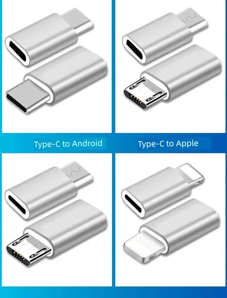 Type-C Lightning Micro USB Android Adaptör - Type-C Dişi - Android Erkek - Rose Gold - 10