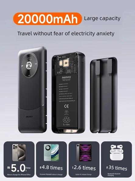 10000mAh Taşınabilir Şarj Aleti - Type-C Kablolu - Gece Siyahı - 6