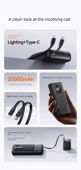 10000mAh Taşınabilir Şarj Aleti - Type-C Kablolu - Gece Siyahı - 9