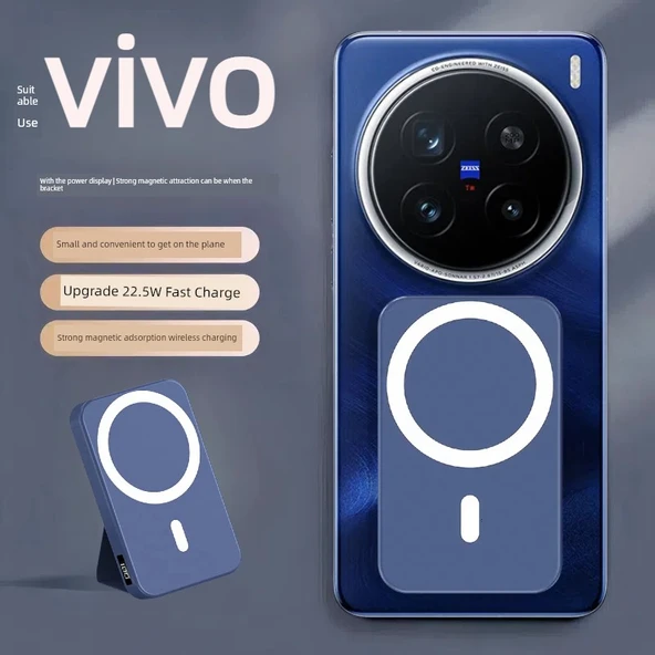 Vivo Uyumlu Manyetik Kablosuz Powerbank - 20000mAh - Mavi