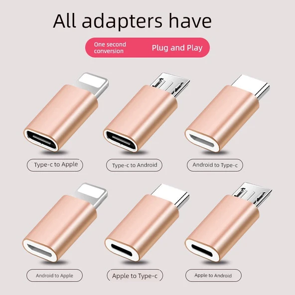 Type-C Lightning Micro USB Android Adaptör - Android Dişi - Apple Erkek - Altın - 2