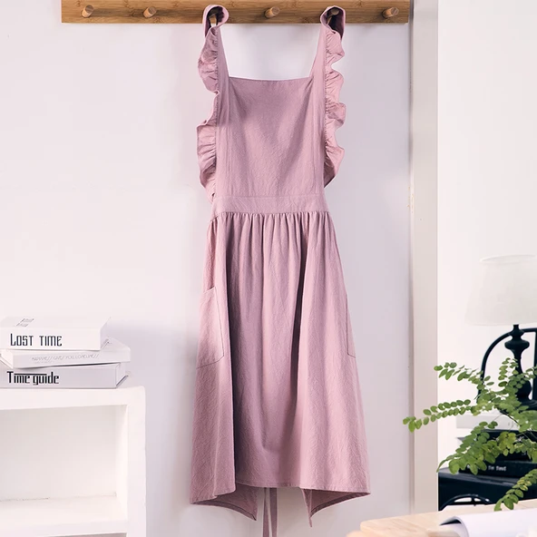 Pamuklu Retro Dantelli Kore Stili Önlük - Pembe