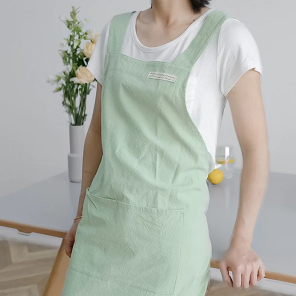 Pamuklu Retro Dantelli Kore Stili Önlük - Sade Nane Yeşili