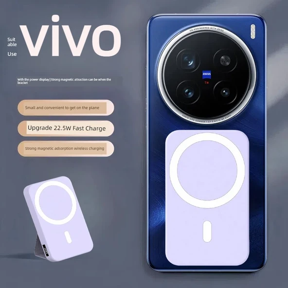 Vivo Uyumlu Manyetik Kablosuz Powerbank - 10000mAh - Mavi - 4