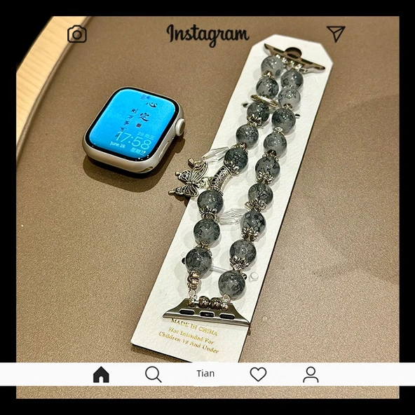 Apple Watch 49mm (Ultra) Mürekkep Boncuklu Gümüş Kelebek Kordon