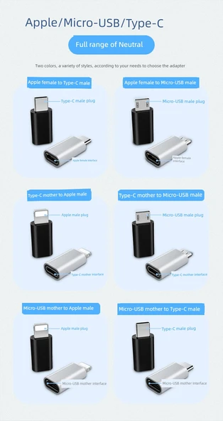 Type-C Lightning Micro USB Android Adaptör - Type-C Dişi - Android Erkek - Rose Gold - 9
