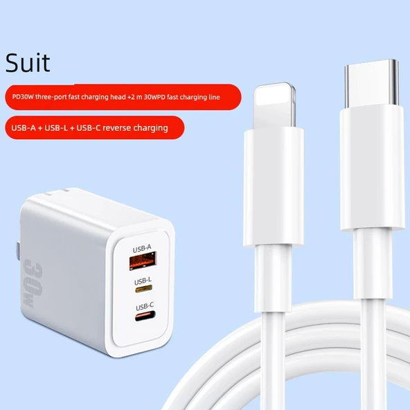 30W 3 Port Hızlı Şarj Başlığı + 2m PD Hızlı Şarj Kablosu
