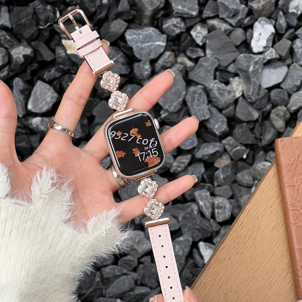Apple Watch S1-3 38mm Pembe Şeftali Yonca Desenli Kordon