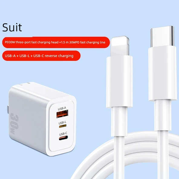 30W 3 Port Hızlı Şarj Başlığı + 1.5m PD Hızlı Şarj Kablosu