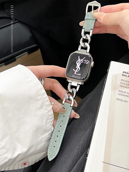 Apple Watch Denim Zincirli Kordon 40mm (SE/4/5/6 Nesil) - Retro Mavi