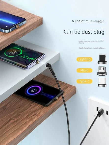 3'ü 1 Arada Dönen Manyetik Data Kablosu - 1m Kırmızı Apple Lightning - 4