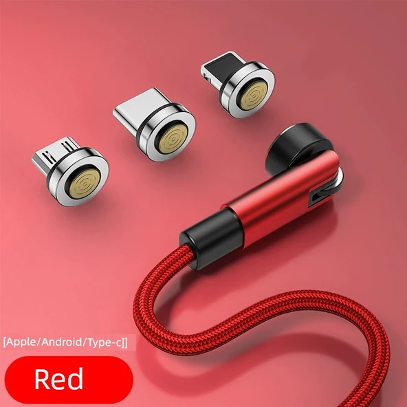 3'ü 1 Arada Dönen Manyetik Data Kablosu - 2m Kırmızı Android + Apple + Type-C