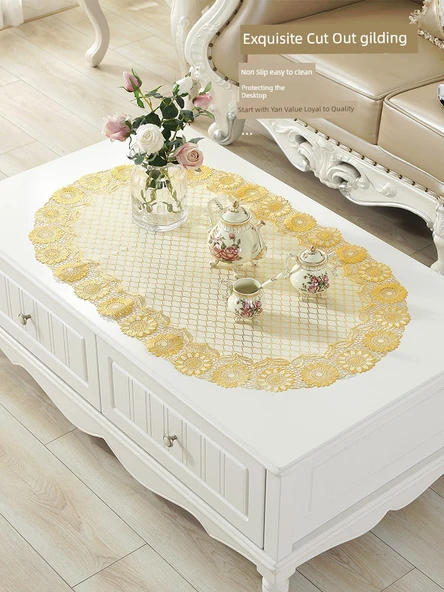 Su Geçirmez PVC Masa Örtüsü - Dianou 60*120cm Oval Altın - İki Parça - 6