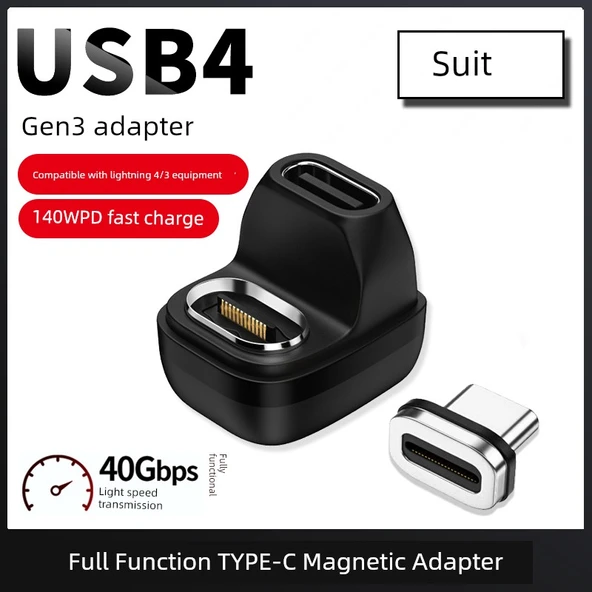 USB OTG Manyetik Adaptör - TYPE-C Erkek - Dişi [U Şekilli Dirsek Set] USB4 40Gbps/8K 60Hz/PD140W