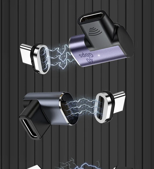 USB OTG Manyetik Adaptör - TYPE-C Erkek - Dişi [Dikey Dirsek Set] USB4 40Gbps/8K 60Hz/PD140W - 6