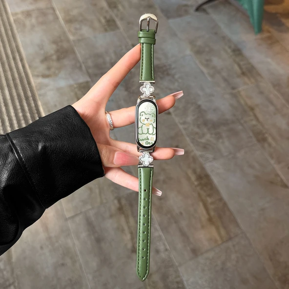 Xiaomi Bileklik 9 Uyumlu Dört Yapraklı Yonca Desenli Deri Kordon - Yeşil