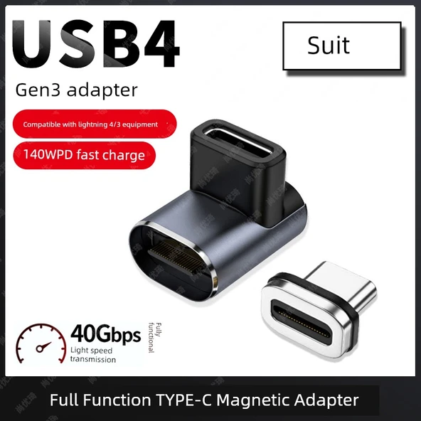 USB OTG Manyetik Adaptör - TYPE-C Erkek - Dişi [Dikey Dirsek Set] USB4 40Gbps/8K 60Hz/PD140W