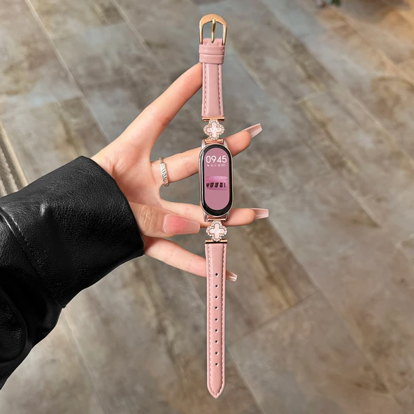 Xiaomi Bileklik 8 Uyumlu Dört Yapraklı Yonca Desenli Deri Kordon - Fasulye Tozu