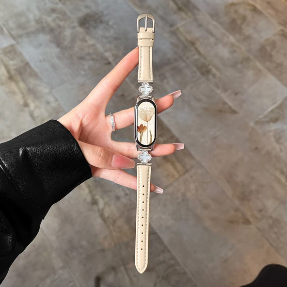 Xiaomi Bileklik 9 Uyumlu Dört Yapraklı Yonca Desenli Deri Kordon - Ginkgo