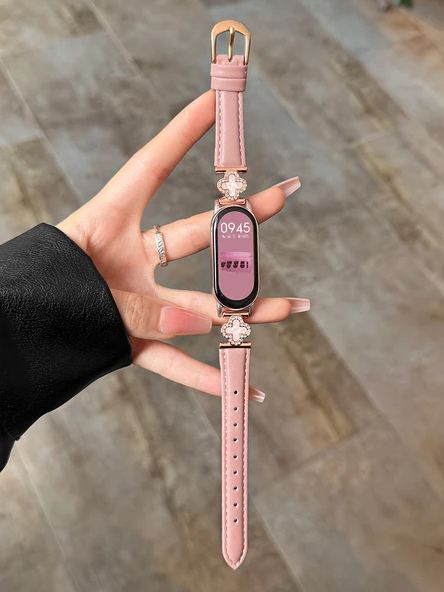 Xiaomi Bileklik 8 Uyumlu Dört Yapraklı Yonca Desenli Deri Kordon - Fasulye Tozu - 3