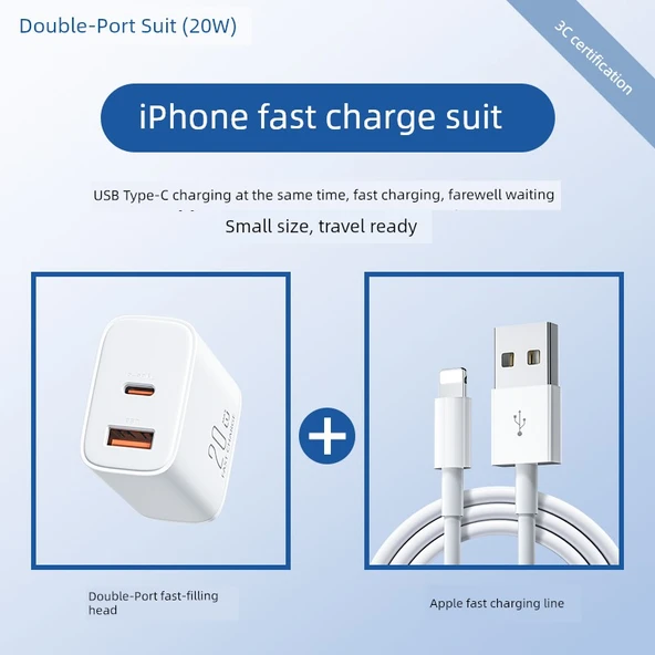 20W Çift Portlu Şarj Aleti (USB + Type-C) + 1 Metre USB Kablo