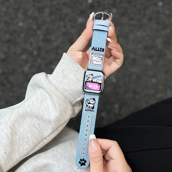 Desenli Kot Apple Watch Kordonu - 46mm Series 10 - Açık Mavi Kedi Nakışlı