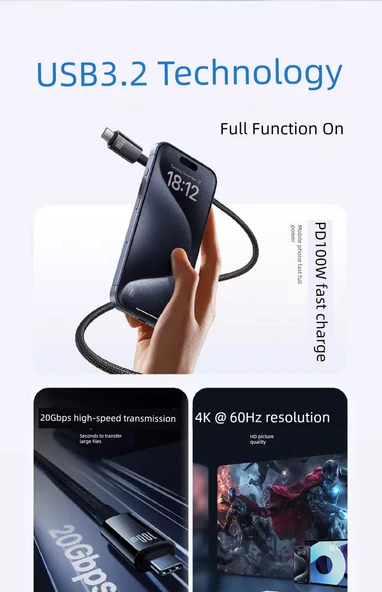 100W USB-C - USB-C Kablo - 1.5 Metre - Tungsten Altın - 20Gbps - 4K - 9