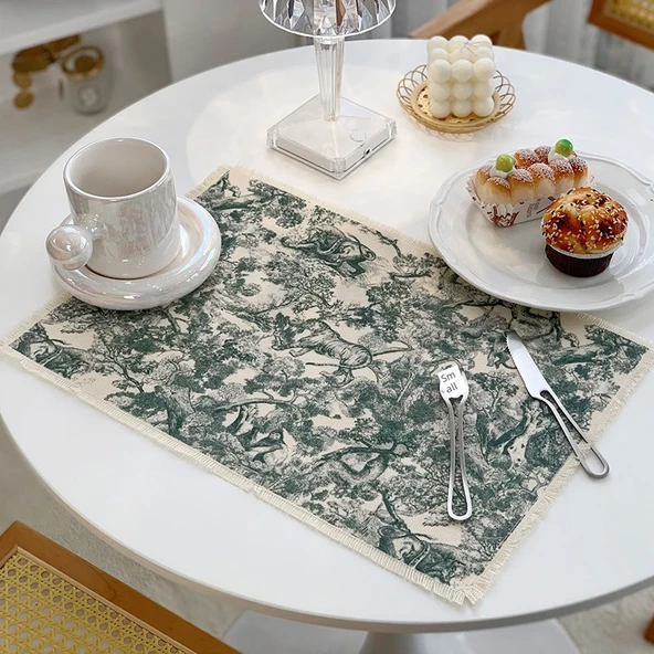 Pamuklu Keten Restoran Masa Matı - Yeşil - 43cm x 29cm