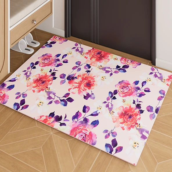 Fransız Tarzı Diatomit Çamur Giriş Kapısı Paspası - Retro Çiçekli - Suluboya Büyük Çiçek 14 - 50cm x 80cm