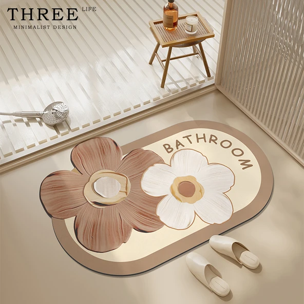 Çiçek Desenli Banyo Paspası - 40x60cm - Krem Çiçek A-Banyo
