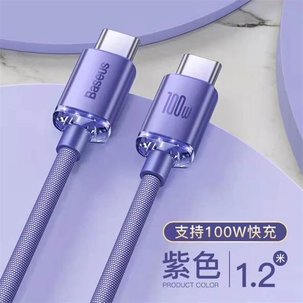 100W USB-C - USB-C Şarj Kablosu - Mor 1.2m Çift C Portlu