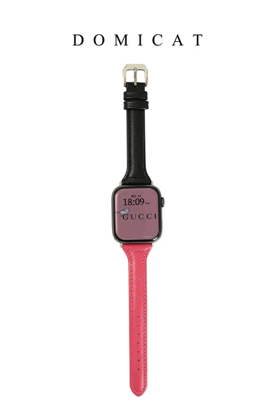 Apple Watch 45MM Uyumlu Siyah-Pembe Deri Kordon - Kare Tokalı