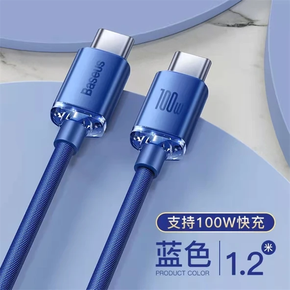 100W USB-C - USB-C Şarj Kablosu - Mavi 1.2m Çift C Portlu