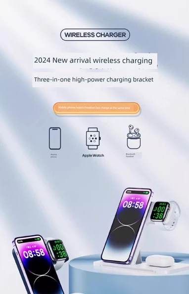 3'ü 1 Arada Kablosuz Şarj Aleti - Apple Watch iPhone MagSafe - 22W - Siyah - 7