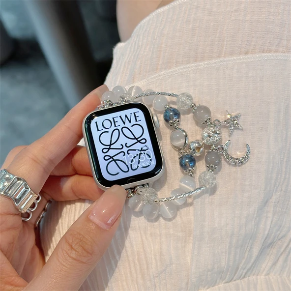 Apple Watch 45mm Opal Boncuklu Kristal Zincir Kordon - iwatch S9/7/8
