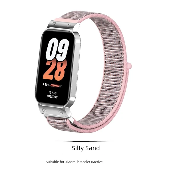 Xiaomi Bileklik 8 Active Dokuma Kordon - Pembe Kum [Nylon, Gümüş Çerçeve]