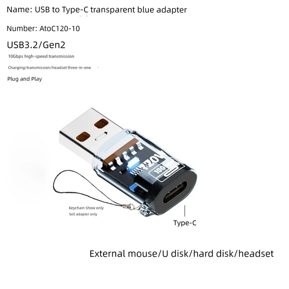 USB-A - USB-C Adaptör - Şeffaf Mavi (USB-A - Type-C)