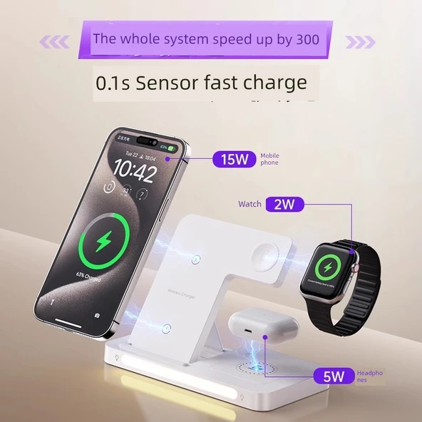 3'ü 1 Arada Kablosuz Şarj Aleti - Apple Watch iPhone MagSafe - 22W - Beyaz - 5
