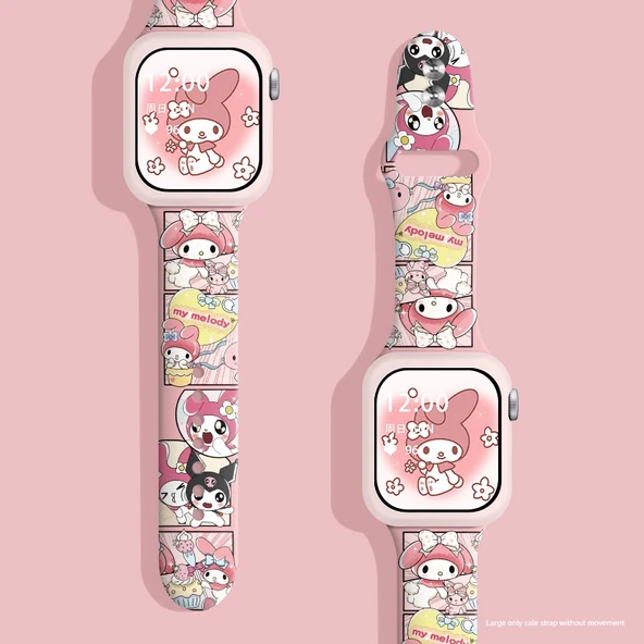 Sevimli Çizgi Desenli Silikon Apple Watch Kordonu - iwatch 4/5/6/SE [44mm] - Patchwork Melody + Pembe Kılıf