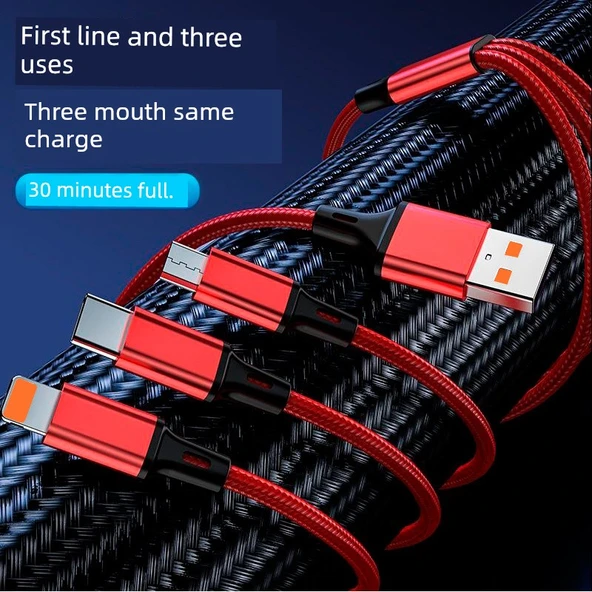 3'ü 1 Arada Çoklu Şarj Kablosu - 1.2m Örgülü - Piyano Siyahı - 2.4A - 3