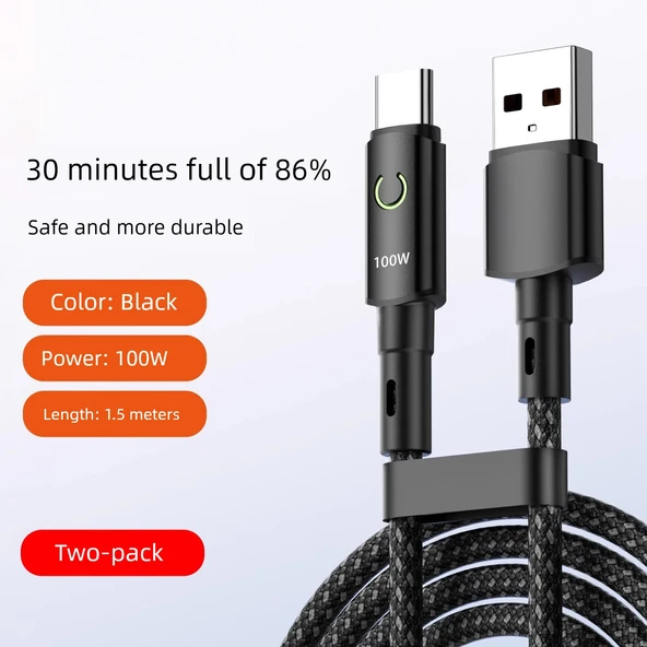 100W Süper Hızlı Şarj Type-C Data Kablosu 6A/5A - 1.5 m - Hilal Parlak Güvenlikli - 2'li Paket