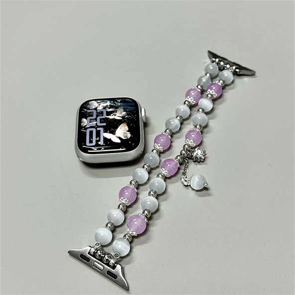 Beyaz Mor Kedi Gözü Boncuklu Apple Watch Kordonu - S10 (42mm) - 8