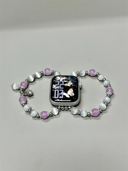 Beyaz Mor Kedi Gözü Boncuklu Apple Watch Kordonu - S10 (42mm) - 5